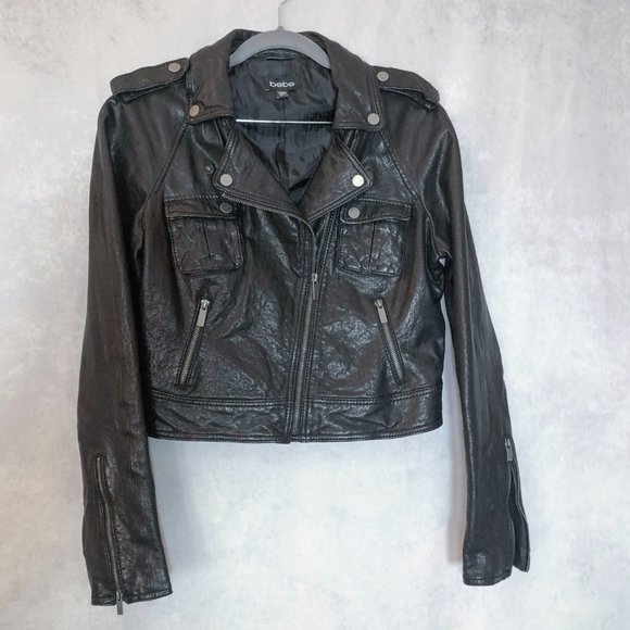 BEBE Genuine Leather Moto Style Jacket Black Size S - Picture 2 of 16